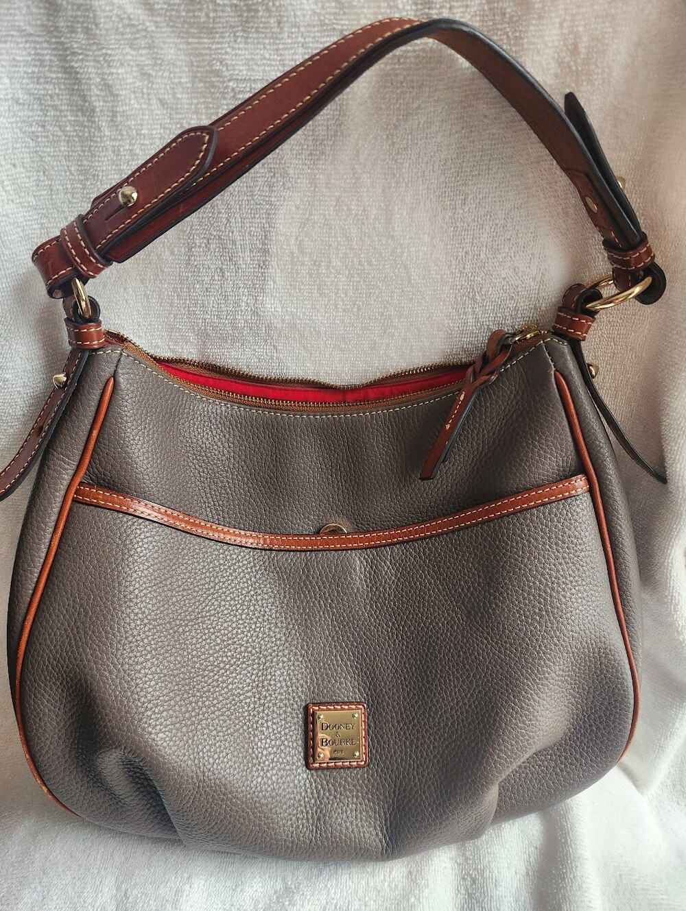 Dooney & Bourke Elephant Gray Pebbled Leather Hobo with Tan Trim Shoulder Bag